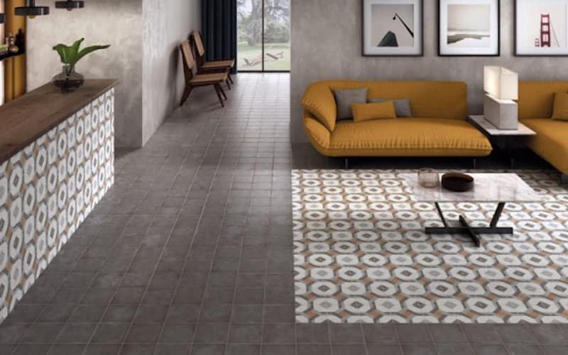 Patterned tile flooring in a modern living room